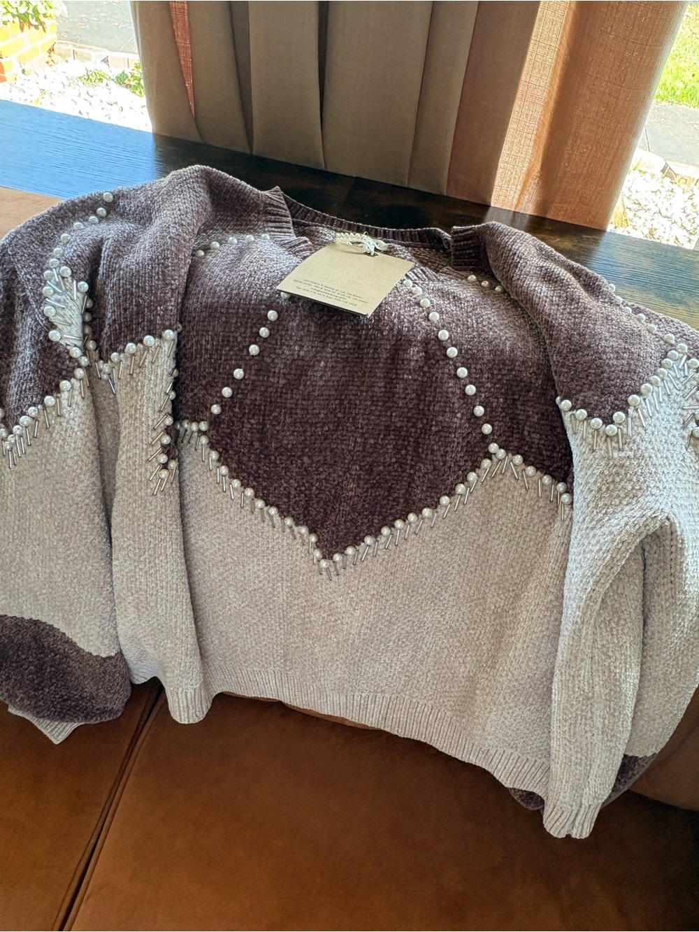 POL Two-Tone Brown & Cream Pearl-Embellished Crew Sweater